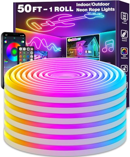 50Ft Led Neon Rope Lights,Control with App/Remote,Flexible Led Rope Lights,Multiple Modes,IP65 Outdoor RGB Neon Lights Waterproof,Music Sync Gaming Led Neon Strip Lights for Bedroom Indoor Led Light