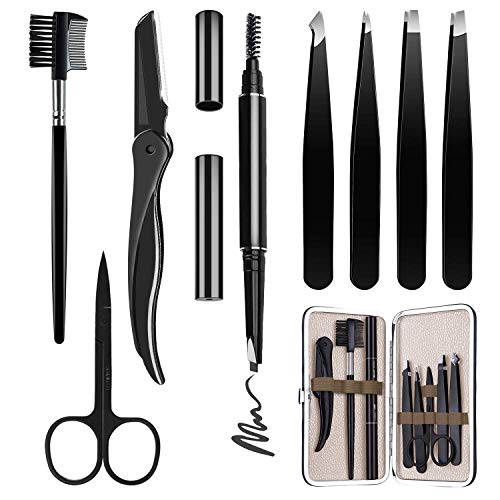 HOCOSY Eyebrow Kit, 8 in 1 Tweezers for Eyebrows, Professional Eyebrow Grooming Set include Stainless Steel Eyebrow Razor Eyebrow Brush Eyebrow Scissors Brown Eyebrow Pen with Travel Case