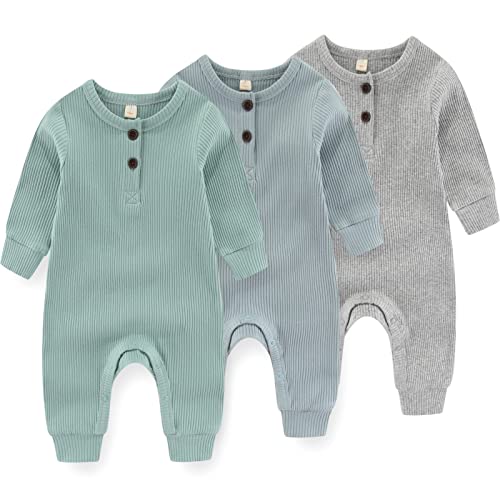 IADOER Newborn Baby Boys Girls One Piece Romper With Mitten Cuffs 3 Pack Long Sleeve Ribbed Button Jumpsuit Outfit Clothes green+blue+gray 6 months