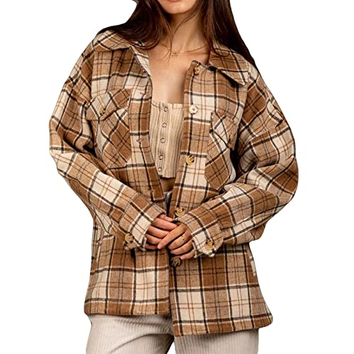 Women's Classic Plaid Coat Lapel Button Down Hoodie Jacket Casual Color Block Shirts Oversized Coats Checked Outwear (Camel , XL )