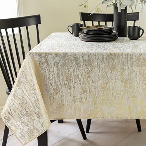 Benson Mills Metals Metallic Foil Printed Fabric Table Cloth, Holiday, Winter, and Christmas Tablecloth (60' x 120' Rectangular, Ivory-Gold)