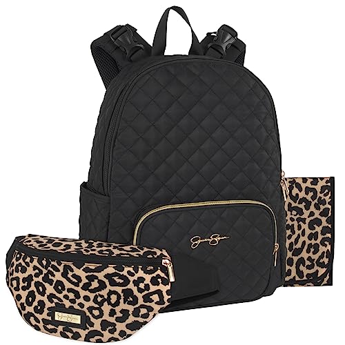 Jessica Simpson Black Quilted Diaper Bag Backpack with Insulated Pockets, Portable Changing Pad, Stroller Straps, Fanny Pack 3 Pc. Set (Camilla (With Fanny Pack))