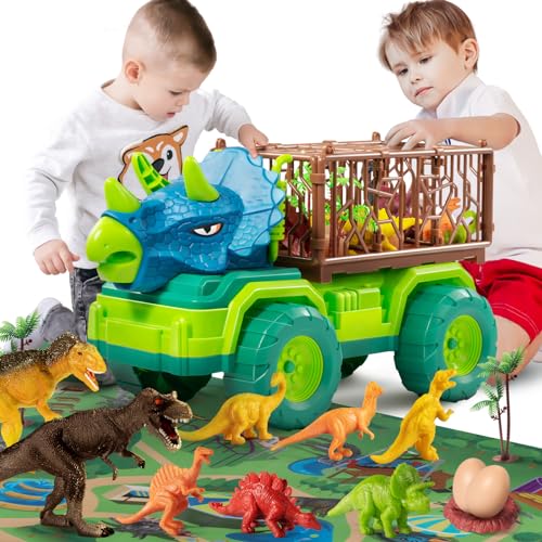 TEMI Dinosaur Truck Toy for Kids 3-5 Years, Triceratops Transport Car Carrier Truck with 8 Dino Figures, Activity Play Mat, Dino Eggs and Trees, Capture Jurassic Dinosaur Play Set for Boys and Girls