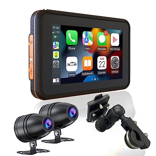 BELESH Motorcycle GPS with Carplay and Android Auto, Waterproof and Anti-Shake, Front and Rearview Recorder, GPS Navigation