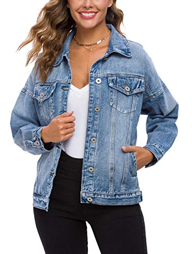 Tsher Women's Oversize Vintage Washed Denim Jacket Long Sleeve Classic Loose Jean Trucker Jacket D003 (M, Blue-1)…