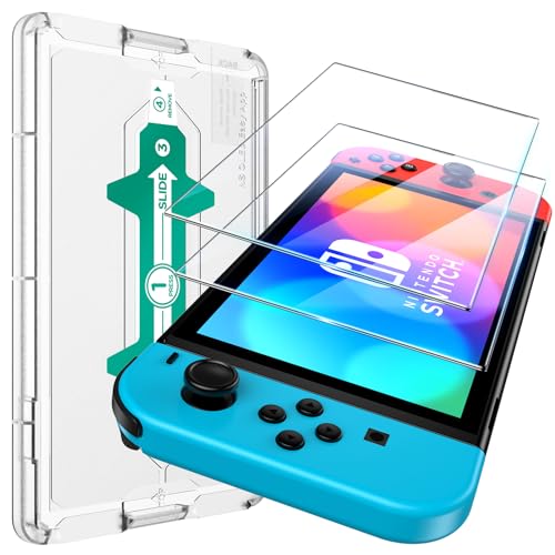 UniqueMe for Nintendo Switch OLED Screen Protector, [1 S Installation] OLED Model 2021& 2023 Military Grade Shatterproof 9H tempered glass for Switch OLED Screen Case Friendly - 2 Pack