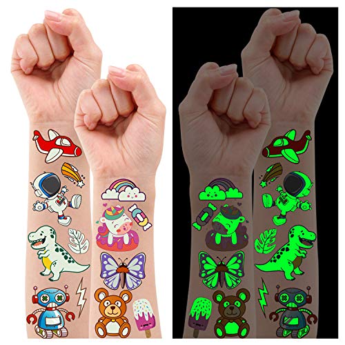 Partywind 380 Styles (30 Sheets) Luminous Tattoos for Kids, Mixed Styles Temporary Tattoos Stickers with Mermaid/Dinosaur/Space/Pirate for Boys and Girls, Glow Party Supplies Gifts