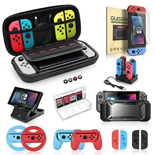 Accessories Bundle for Nintendo Switch, Kit with Carrying Case,Protective Case with Screen Protector,Compact Playstand,Game Case,Joystick Cap,Charging Dock,Grip and Steering Wheel for Nintendo Switch