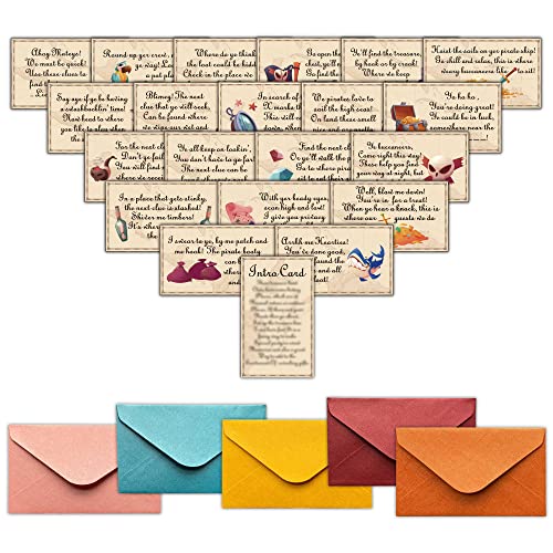 Halloween Pirate Treasure Hunt Clues Game Cards, Birthday Party Scavenger Hunt Card Game(21 Cards With Colourful Envelopes), Ourdoor Indoor Pirate Party Games Supplies Activities for Kids Adults(01)