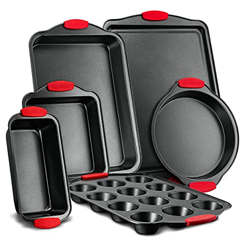NutriChef 6-Piece Nonstick Bakeware Set - Carbon Steel Baking Tray Set w/ Heatsafe Red Silicone Handles, Oven Safe Up to 450°F, Loaf Muffin Round/Square Pans, Cookie Sheet, Baking Pan -NCSBS6S,Black