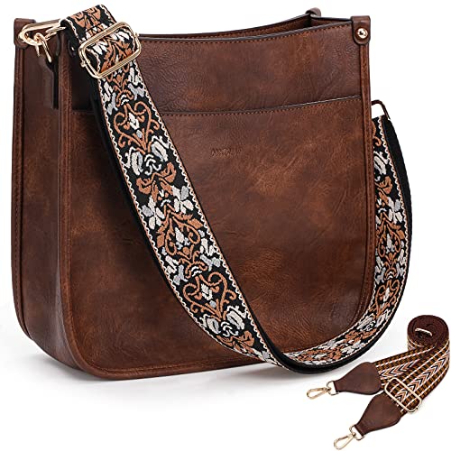 HKCLUF Crossbody Bags for Women Trendy Vegan Leather Hobo Handbags With 2pcs Adjustable Guitar Strap Crossbody Purse For Women(Browncoffee)
