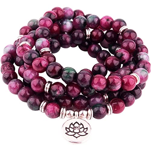 GVUSMIL 108 Mala Beads Wrap Bracelets Charm Natural Gemstone Colorful Mala Bead Bracelet(Pink Zebra Stone)