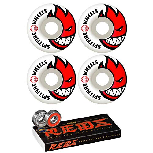 Spitfire 52mm Wheels Bighead White/Red Skateboard Wheels - 99a with Bones Bearings - 8mm Bones Reds Precision Skate Rated Skateboard Bearings (8) Pack - Bundle of 2 Items