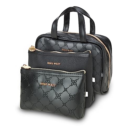 NINE WEST Women's Toiletries Bag - Travel Makeup and Toiletries Matching Accessories Set - Makeup Organizer Case Set, Size One Size, Black