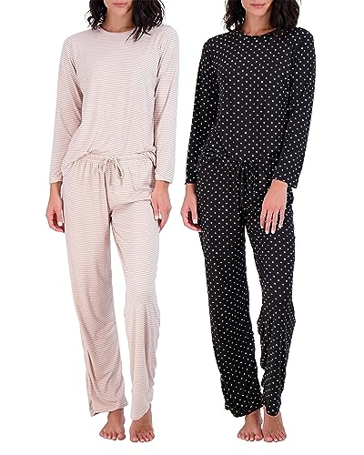 Real Essentials Long Sleeve Pajama Sets Ladies Soft Winter Sleepwear Pajamas Clothes Loungewear Tops Pants Bottoms Fall Warm Silky Pj Sets for Women, Set 3, Medium, Pack of 2