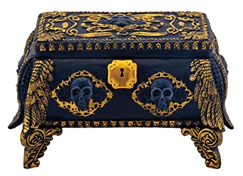 Gold and Black Skull Jewelry Holder Box Container with Mirror Inside
