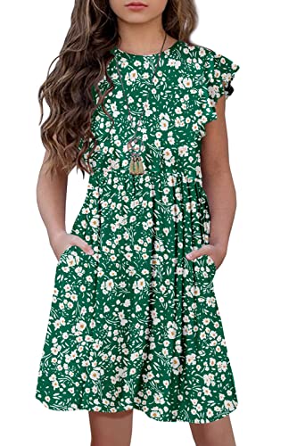 HOSIKA Girls Dresses Ruffle Short Sleeve Floral Boho A-line Casual Loose Dress 12 Years Green Floral XL