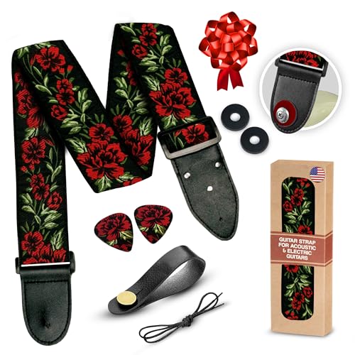 Guitar Strap Woven Adjustable W/ FREE BONUS [2023 NEW] 2 Picks + Strap Locks + Strap Button. Christmas Gift & Stocking Stuffer Rose Flowers Guitar Strap for Bass, Electric & Acoustic Guitar