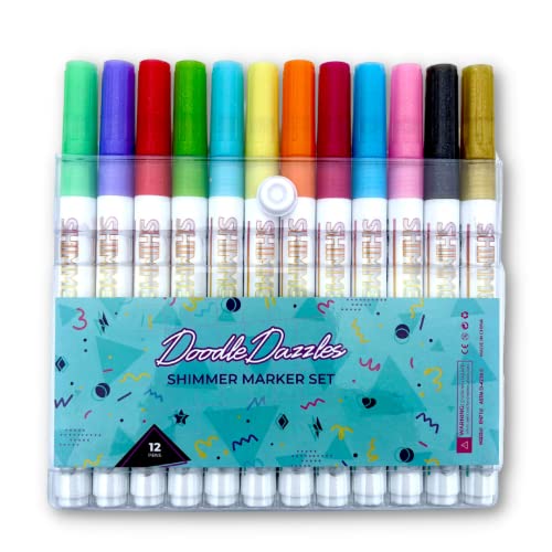 DoodleDazzles Shimmer Markers Set - Double Line Outliner Marker - Metallic Pens - Gifts for Girls, Boys, Kids, Women, etc. - School Supplies Great For Drawing, Christmas, DIY, Craft, & more - 12 count