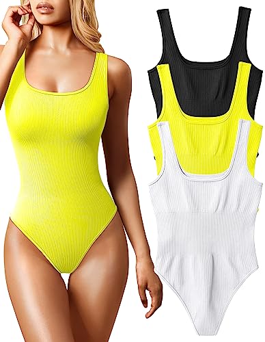 OQQ Women's 3 Piece Bodysuits Sexy Ribbed Sleeveless Square Neck Sleeveless Tank Tops Bodysuits Black Yellow White