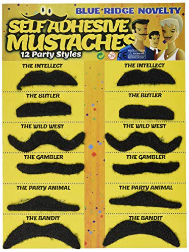 Self Adhesive Fake Mustache Novelty - Set of 36 - by Blue Ridge Novelty, Black, 12'