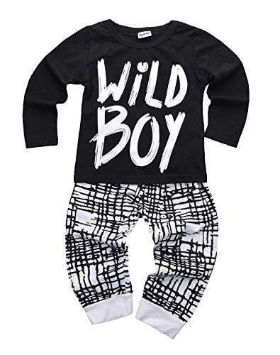 Newborn Baby Boys Clothes Wild Boy Letter Print T-Shirt Tops and Pants Outfits Set Autumn Winter(01 black,12-18 months)