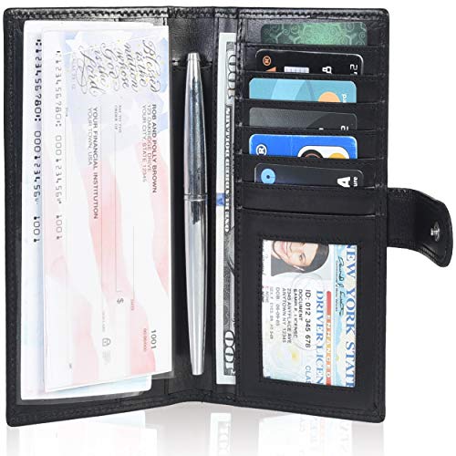 Valenchi-Leather RFID Checkbook cover for Men and Women-Duplicate Checks RFID Card Standard Register with pen inserts (Black Italian V.T.)