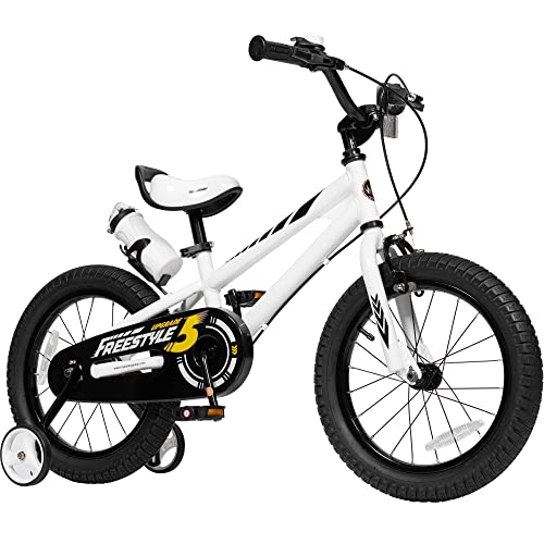 Royalbaby Freestyle Dual Handbrakes Kids Bike 14 Inch Toddlers Learning Bicycle with Training Wheels for Boys Girls Beginners Age 3-5 Years, White