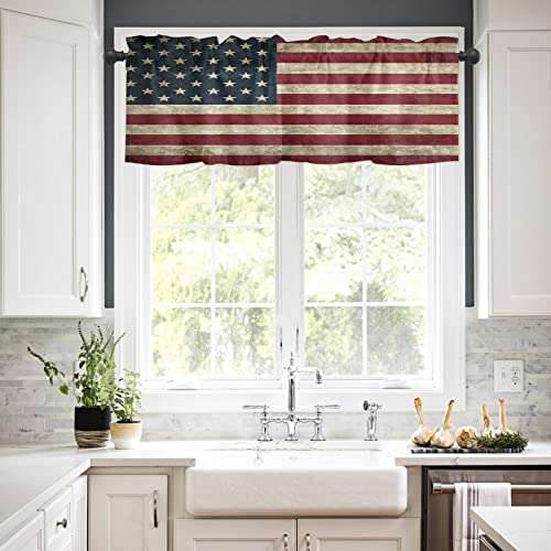 18“L US Window Valance for Kitchen Decor with Rod Pocket Stars and Stripes American Flag Inspired Patriotic Theme Panel Us Over Old Rusty Tones Weathered Vintage Artwork Short Curtains for Old People