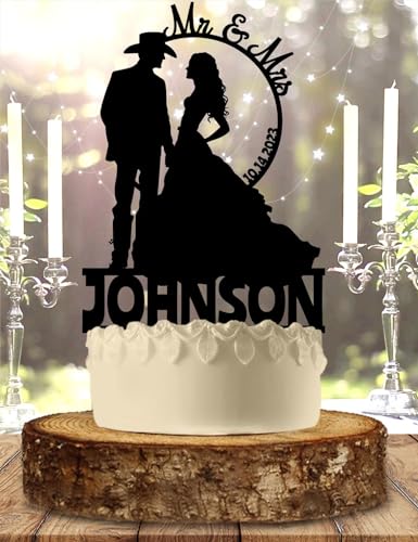 Country Western Wedding Cake Topper, Cowboy Wedding Cake Topper, Custom Cowboy Family Cake Topper, Groom and Bride Silhouette, Mr & Mrs Cake Topper with Last Name Date, for Couple Bridal Shower Decor
