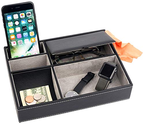 Mantello Nightstand Organizer, Small Valet Tray- Gifts for Young Men, Valet Tray for Men, Nightstand Organizer for Men, Leather, Black EDC Tray