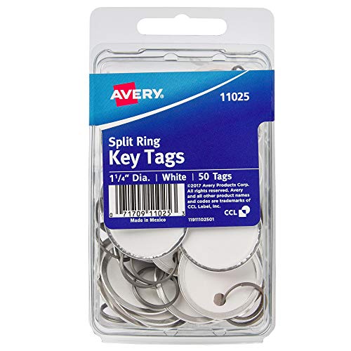 Avery Metal Rim Key Tags, 1.25' Diameter Tag, Metal Split Ring, White, 50 Tags (11025)