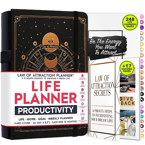 Law of Attraction Planner Undated - Undated Deluxe Weekly, Monthly Planner, a 12 Month Journey to Increase Productivity & Happiness - Life Organizer, Gratitude Journal, and Stickers (A5, BLACK CRESCENT)