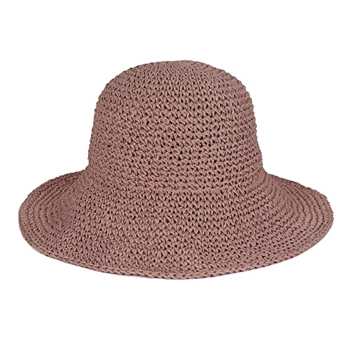 Floppy Straw Sun Hat Foldable Packable Wide Brim Summer Beach Hat Crochet Bucket Hat for Women (Retro Pink)