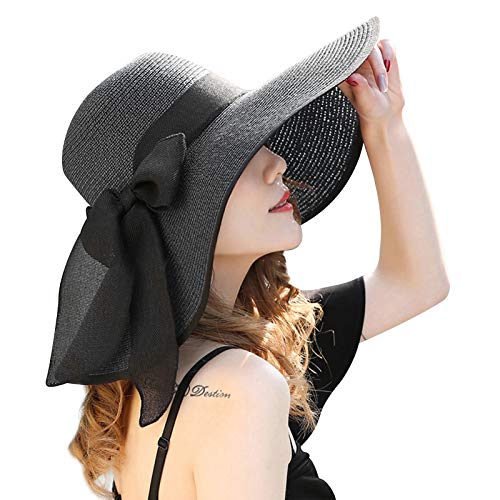 DRESHOW Women Wide Brim Bow Straw Hat Floppy Foldable Beach Sun Hat Roll up Cap UPF 50+