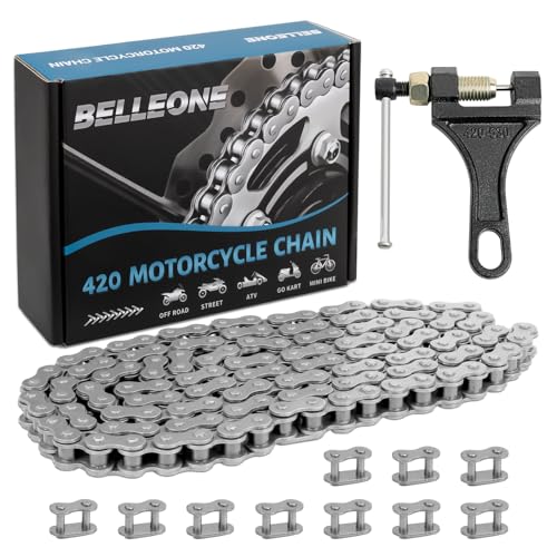 Belleone 420 Motorcycle Chain - 420 Standard Roller Chain 132 Link + Chain Breaker Fits for 110cc 125cc Dirt Pit Bike ATV Quad Go Kart Scooter Mini Bike with 10 Free Master Links
