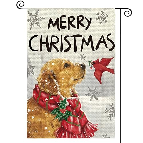 AVOIN colorlife Merry Christmas Garden Flag 12x18 Inch Dog Golden Retriever Cardinal Double Sided Outside, Winter Holiday Yard Outdoor Decorative Flag
