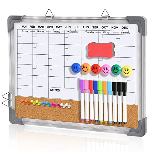 Dry Erase Calendar Board Cork Board Combo for Wall, 16' x 13' Magnetic Double-Sided Monthly Calendar White Board with Cork Board, Portable Planner Memo Board for Home, School, Office, Kitchen (White)