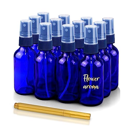 CULINAIRE 2oz Glass Spray Bottles for Essential Oils with Gold Pen Marker, Small Fine Mist Spray Bottle, Refillable, for Hair Spray, Essential Oils, Colognes, and Hand Sanitizers, Blue, Pack of 12
