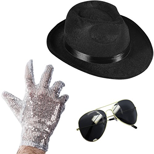 Funny Party Hats Set of 3 - Fedora Hat Sequin Glove and Sunglasses (Fedora Hat Sequin Glove and Black Sunglasses)
