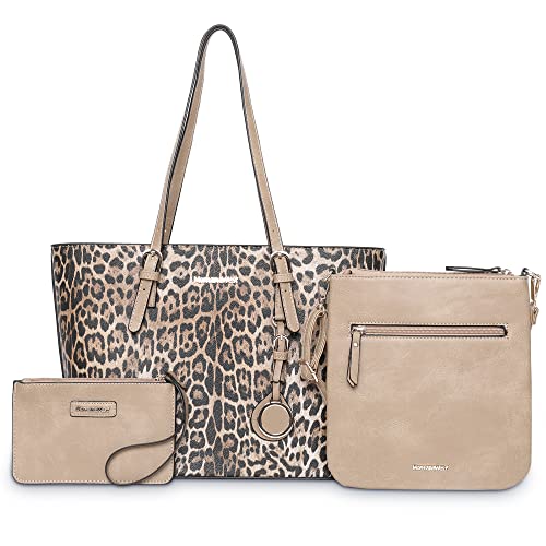 hand bags, purses for women 3 pcs Handbag Set Vegan Leather Purse for Women Fashion Leopard Print Large Shoulder Tote Bag Crossbody Bag with Wallet Wrist Bag Brown MWC3-G055BR