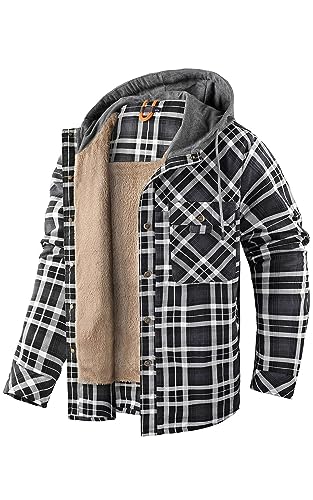 Mr.Stream Men's Hooded Coat Casual Thicken Long Sleeve Plaid Work Flannel Button Down Shirt Jacket 3252 Gray L