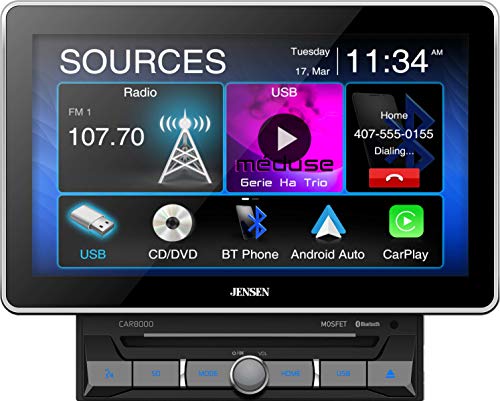 Jensen CAR8000 10.1' Extra Large Touchscreen CD/DVD Multimedia Receiver with Apple CarPlay and Android Auto l MP4 Video Playback l Built-in Bluetooth with A2DP Music Streaming and Phonebook Support