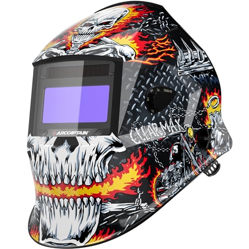 ARCCAPTAIN Large Viewing Screen Welding Helmet, 1/1/1/1 Top Optical Clarity Auto Darkening Welding Hood, 4 Arc Sensor 1/25000s Response Time True Color Weld Hood Helmet HSH-S800 Skeleton Knight
