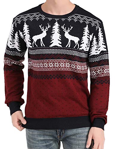 v28 Men's Christmas Reindeer Snowman Penguin Santa and Snowflake Sweater (Medium, Deer&Tree-View-red)