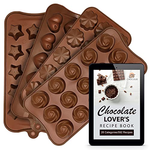 Chocolate Candy Molds-Food Grade Silicone+ Bonus E-Book Containing 592 Recipes. Non-stick, Easy to Use and Clean |Pack of 4 Chocolate Molds| CHOCOLEE