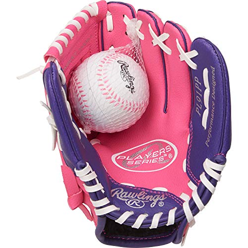Rawlings | PLAYERS Series T-Ball & Youth Baseball Glove | Right Hand Throw | 9' | Pink/Purple with Ball