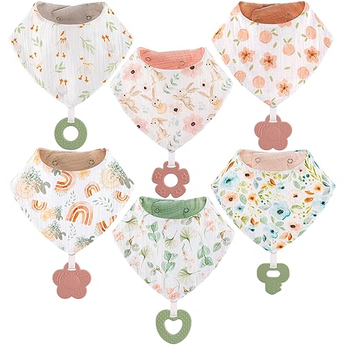 vuminbox Muslin Baby Bibs Bandana Drool Bibs 6-Pack and Teething Toys 6-Pack Made with 100% Organic Cotton, Absorbent and Soft Pattern Girls