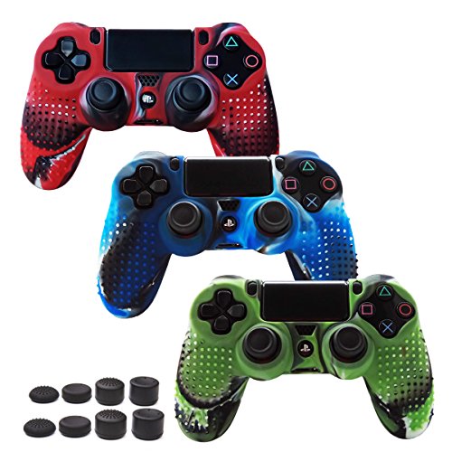 Skin Compatible for PS4 Controller Grips Cover Pandaren Studded Anti-Slip Silicone Sleeve for PS4 /Slim/PRO Controller(Controller Skin x 3 + FPS PRO Thumb Grips x 8)(CamouRed,CamouBlue,CamouGreen)