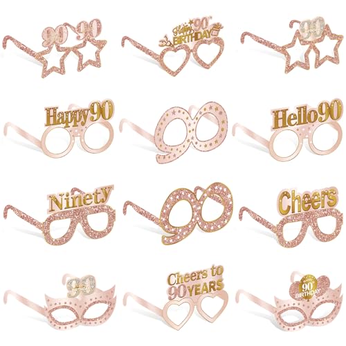 Guiruiy 24PCS 90th Birthday Paper Eyeglasses Decorations for Women, Pink Rose Gold Happy 90th Birthday Eyeglasses Party Supplies, Funny Ninety Year Old Birthday Glasses Photo Props Decor
